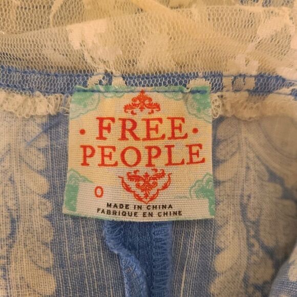 Vintage Free People Blue & White Lace Trim Linen Mini Shift Dress Y2K - Picture 6 of 8